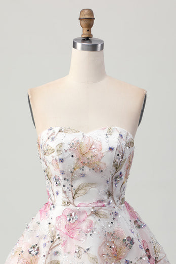 Sparkly Pink Floral A Line Short Prom Dress