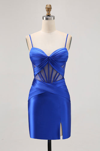 Royal Blue Tight Satin Ruched Corset Short Prom Dress with Slit