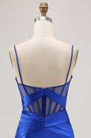 Load image into Gallery viewer, Royal Blue Tight Satin Ruched Corset Short Prom Dress with Slit