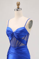 Load image into Gallery viewer, Royal Blue Tight Satin Ruched Corset Short Prom Dress with Slit