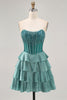 Load image into Gallery viewer, Sparkly Peacock Green Strapless Tiered Short Corset Prom Dress