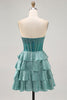 Load image into Gallery viewer, Sparkly Peacock Green Strapless Tiered Short Corset Prom Dress