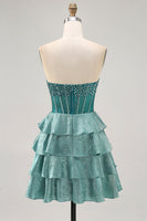 Load image into Gallery viewer, Sparkly Peacock Green Strapless Tiered Short Corset Prom Dress
