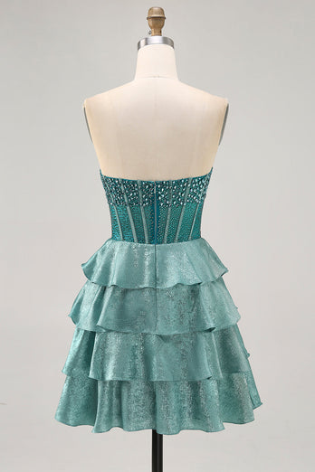 Sparkly Peacock Green Strapless Tiered Short Corset Prom Dress