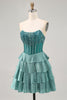 Load image into Gallery viewer, Sparkly Peacock Green Strapless Tiered Short Corset Prom Dress