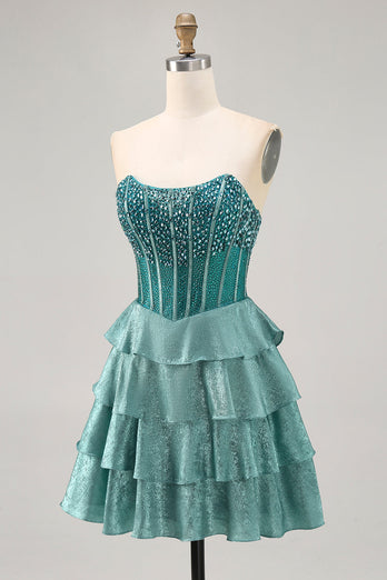 Sparkly Peacock Green Strapless Tiered Short Corset Prom Dress