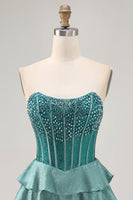 Load image into Gallery viewer, Sparkly Peacock Green Strapless Tiered Short Corset Prom Dress