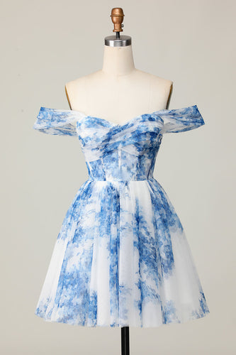 White Blue Off the Shoulder Flower A Line Short Prom Dress
