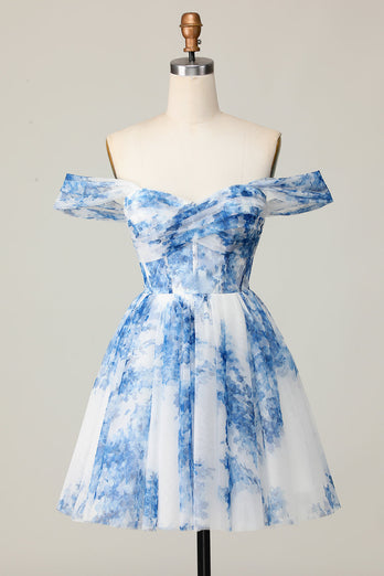 White Blue Off the Shoulder Flower A Line Short Prom Dress