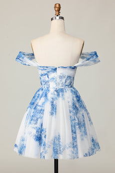 White Blue Off the Shoulder Flower A Line Short Prom Dress