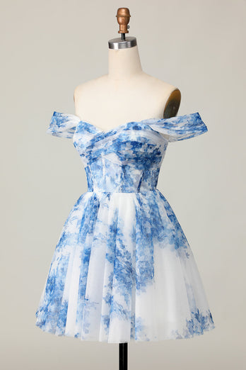 White Blue Off the Shoulder Flower A Line Short Prom Dress