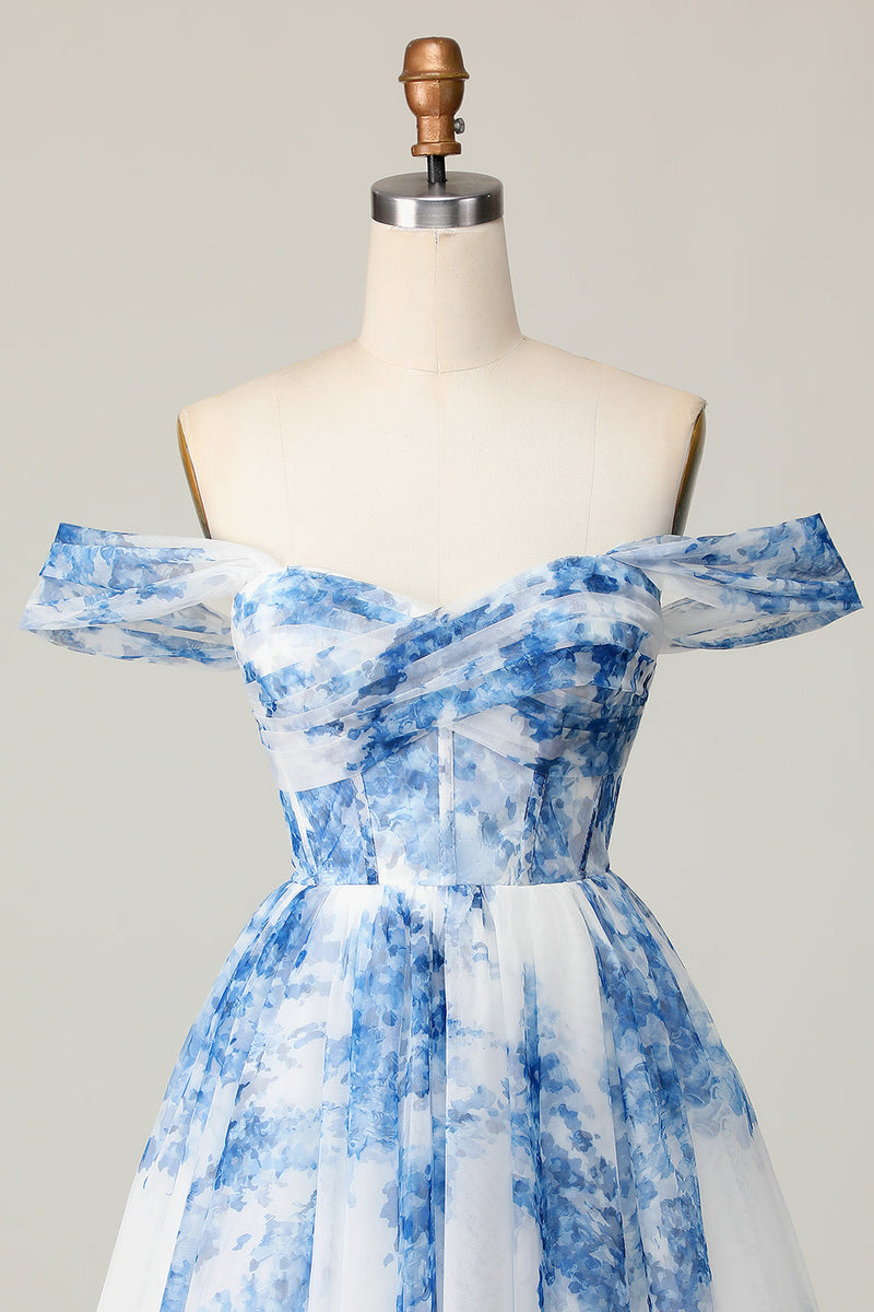 Load image into Gallery viewer, White Blue Off the Shoulder Flower A Line Short Prom Dress