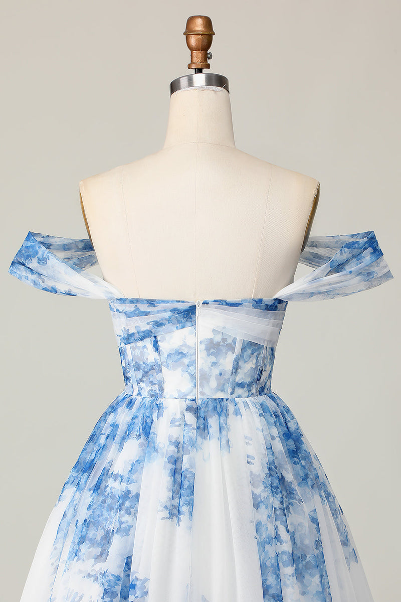 Load image into Gallery viewer, White Blue Off the Shoulder Flower A Line Short Prom Dress