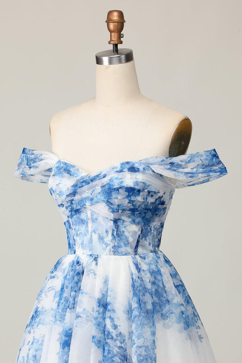 Load image into Gallery viewer, White Blue Off the Shoulder Flower A Line Short Prom Dress