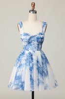 Load image into Gallery viewer, White Blue Off the Shoulder Flower A Line Short Prom Dress