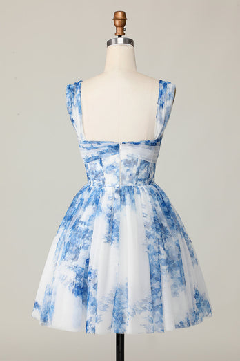 White Blue Off the Shoulder Flower A Line Short Prom Dress