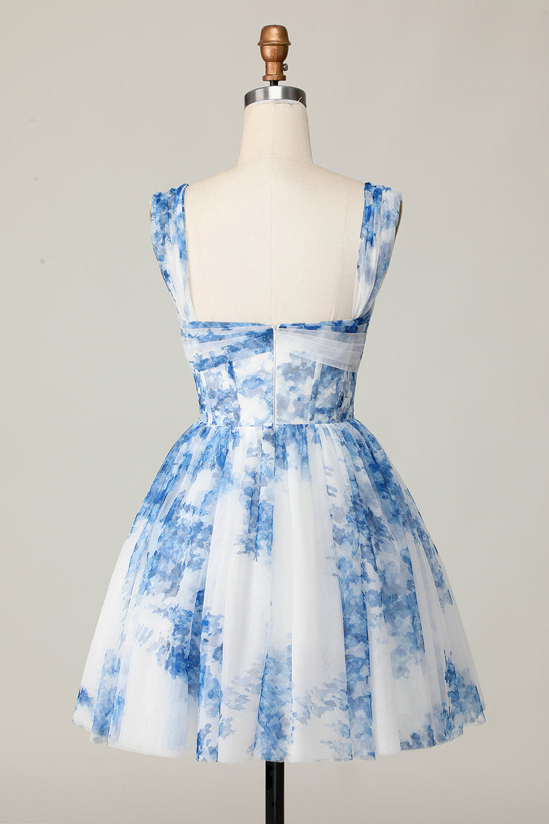 Load image into Gallery viewer, White Blue Off the Shoulder Flower A Line Short Prom Dress