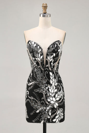 Sparkly Black Strapless Tight Short Mirror Prom Dress