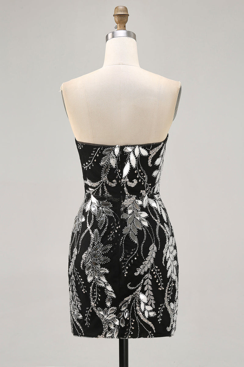 Load image into Gallery viewer, Sparkly Black Strapless Tight Short Mirror Prom Dress