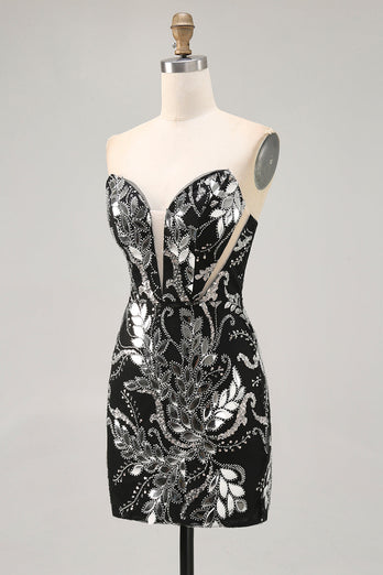 Sparkly Black Strapless Tight Short Mirror Prom Dress