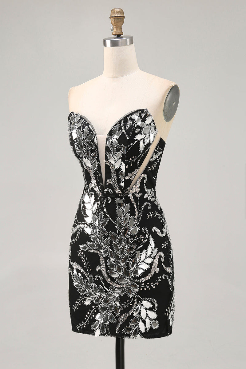 Load image into Gallery viewer, Sparkly Black Strapless Tight Short Mirror Prom Dress