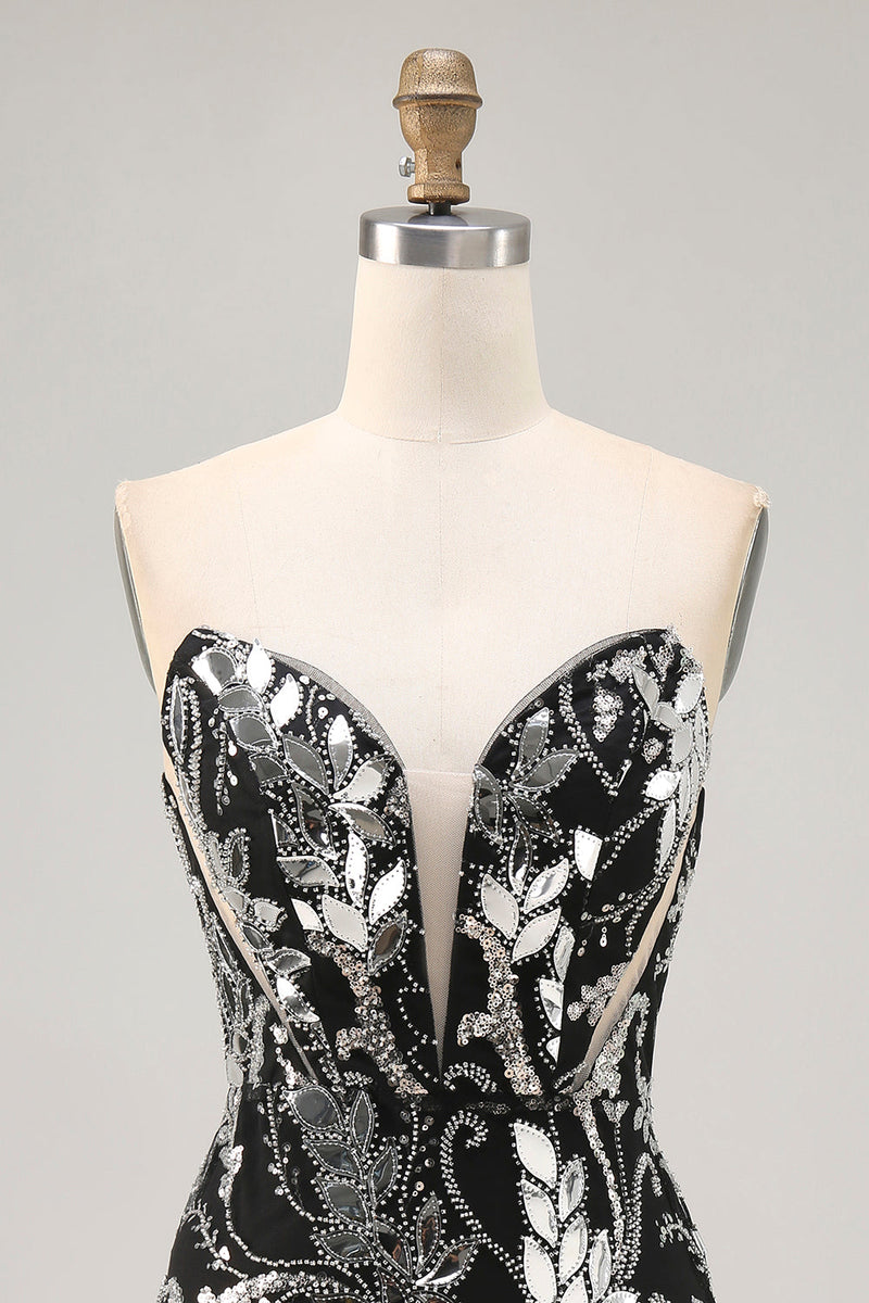 Load image into Gallery viewer, Sparkly Black Strapless Tight Short Mirror Prom Dress