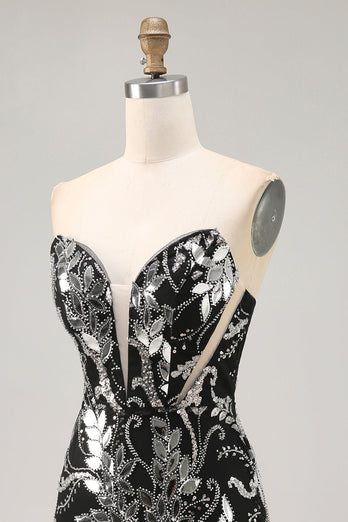Sparkly Black Strapless Tight Short Mirror Prom Dress