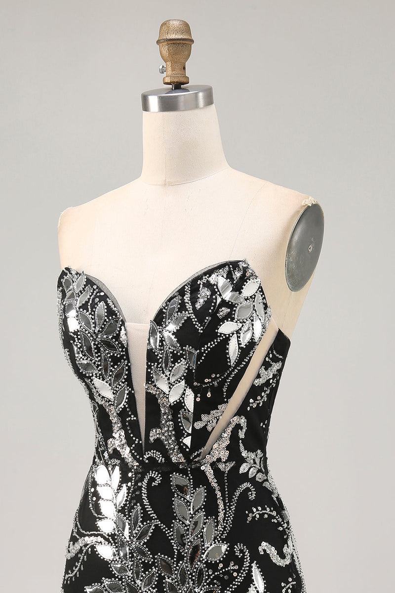Load image into Gallery viewer, Sparkly Black Strapless Tight Short Mirror Prom Dress