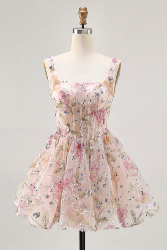 Sparkly Pink Corset Floral Beaded Short Prom Dress with Sequins