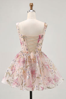 Sparkly Pink Corset Floral Beaded Short Prom Dress with Sequins