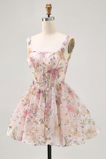 Sparkly Pink Corset Floral Beaded Short Prom Dress with Sequins