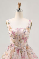 Load image into Gallery viewer, Sparkly Pink Corset Floral Beaded Short Prom Dress with Sequins