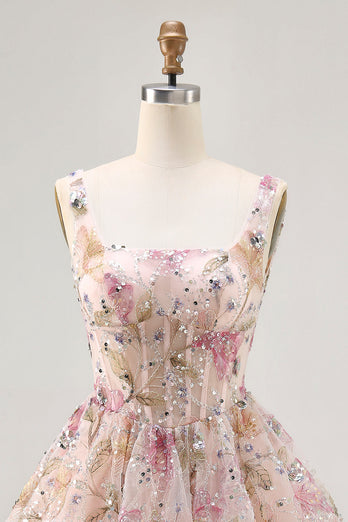 Sparkly Pink Corset Floral Beaded Short Prom Dress with Sequins