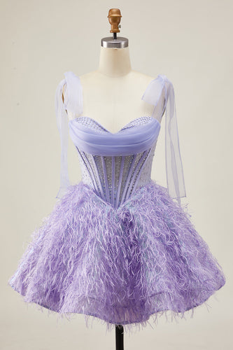 Sparkly Lilac Corset A Line Short Beaded Prom Dress with Feathers