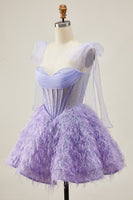 Load image into Gallery viewer, Sparkly Lilac Corset A Line Short Beaded Prom Dress with Feathers