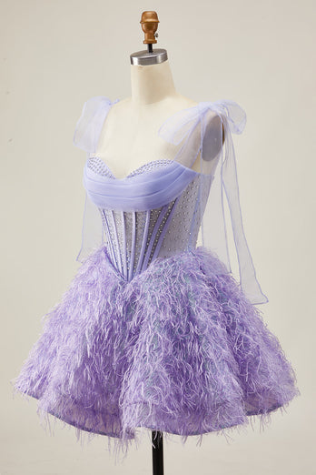 Sparkly Lilac Corset A Line Short Beaded Prom Dress with Feathers