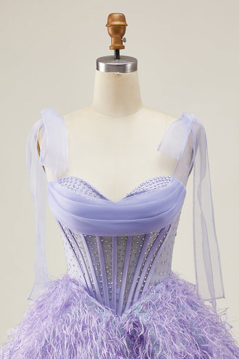 Sparkly Lilac Corset A Line Short Beaded Prom Dress with Feathers