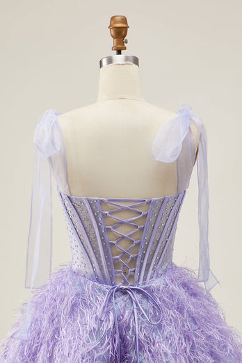 Sparkly Lilac Corset A Line Short Beaded Prom Dress with Feathers
