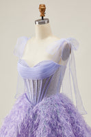Load image into Gallery viewer, Sparkly Lilac Corset A Line Short Beaded Prom Dress with Feathers
