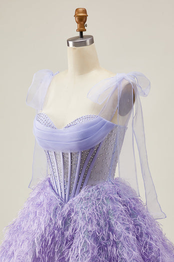 Sparkly Lilac Corset A Line Short Beaded Prom Dress with Feathers
