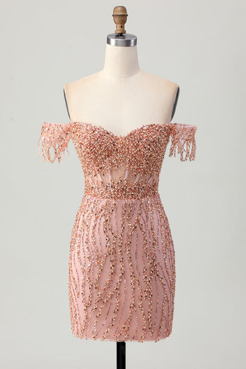 Sparkly Dusty Rose Tight Corset Short Prom Dress with Beading