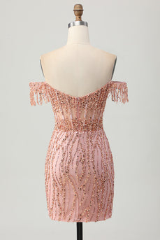 Sparkly Dusty Rose Tight Corset Short Prom Dress with Beading