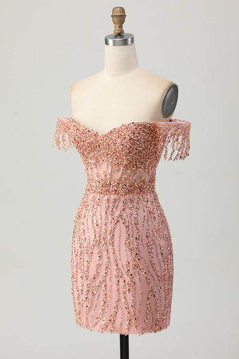 Sparkly Dusty Rose Tight Corset Short Prom Dress with Beading