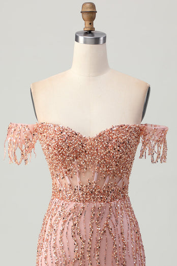 Sparkly Dusty Rose Tight Corset Short Prom Dress with Beading