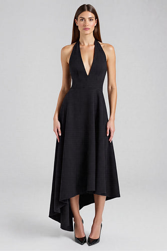 Satin Halter Backless Asymmetrical Long Black Tie Dress