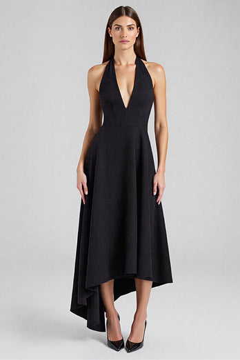 Satin Halter Backless Asymmetrical Long Black Tie Dress