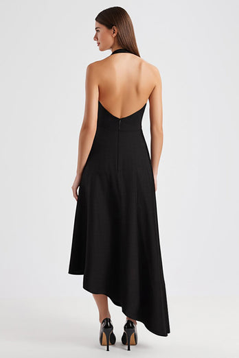 Satin Halter Backless Asymmetrical Long Black Tie Dress