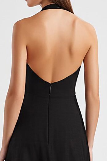 Satin Halter Backless Asymmetrical Long Black Tie Dress