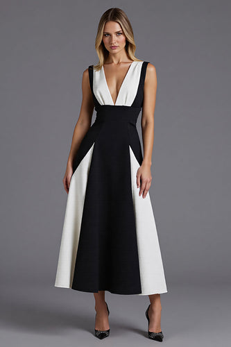 Black and White Satin A Line Patchwork V-Neck Long Formal Dress