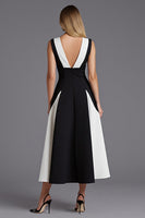 Load image into Gallery viewer, Black and White Satin A Line Patchwork V-Neck Long Formal Dress